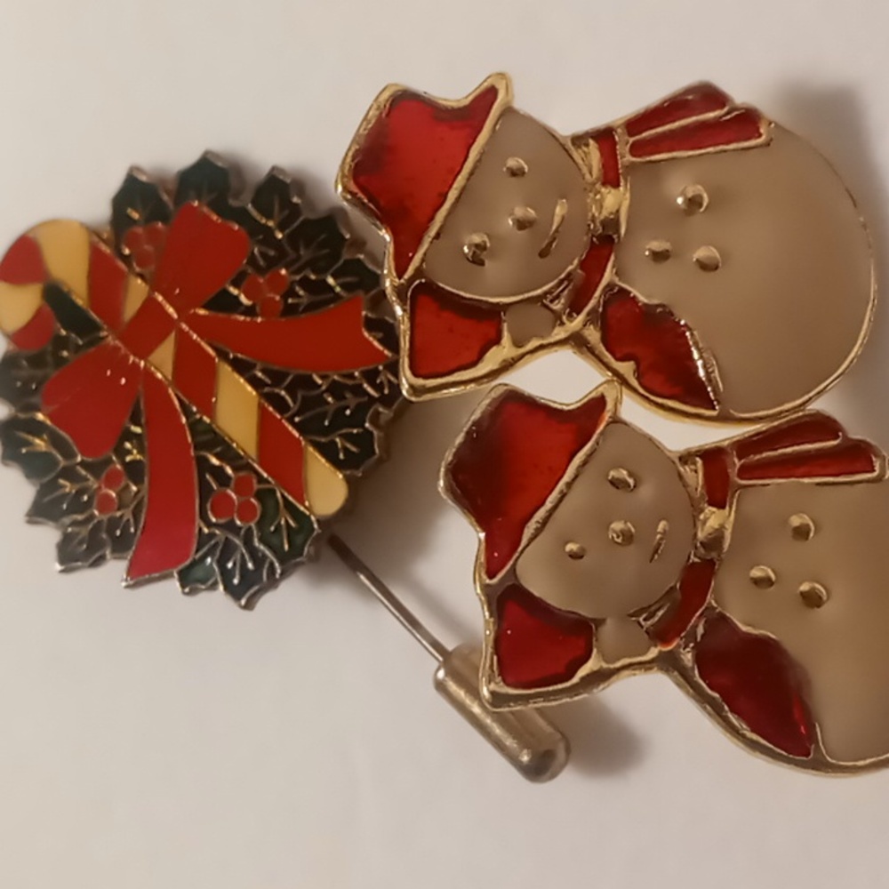 Vintage stud snowman earrings & Christmas reef Lapel pin with Candy Cane.